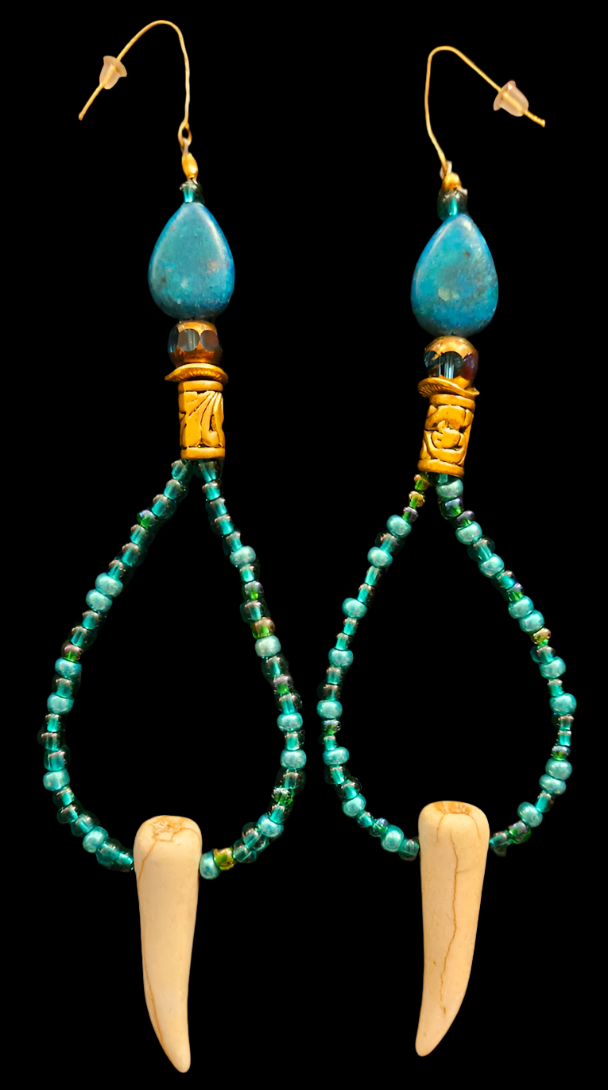 Exotic Blue Green Seed & Tusk Shoulder Dusters Tribal Inspired Be
