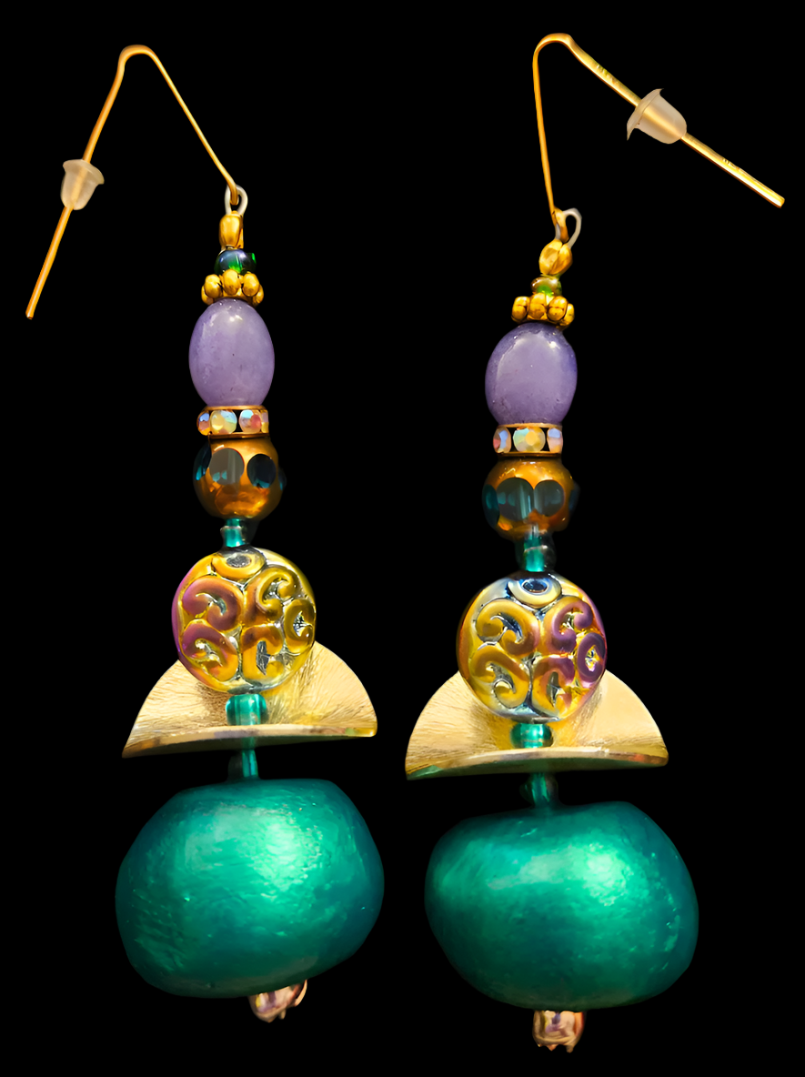 Jewel Tone Green Metallic Beaded Dangle Pierced Statement Earrings H