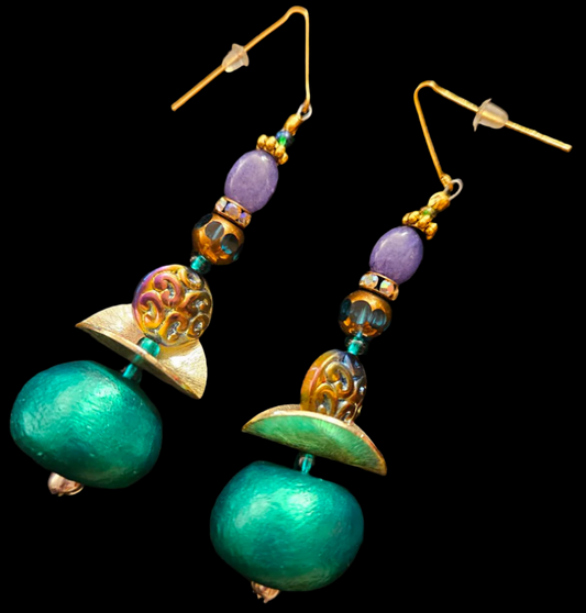 Jewel Tone Green Metallic Beaded Dangle Pierced Statement Earrings H