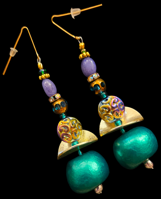 Jewel Tone Green Metallic Beaded Dangle Pierced Statement Earrings H