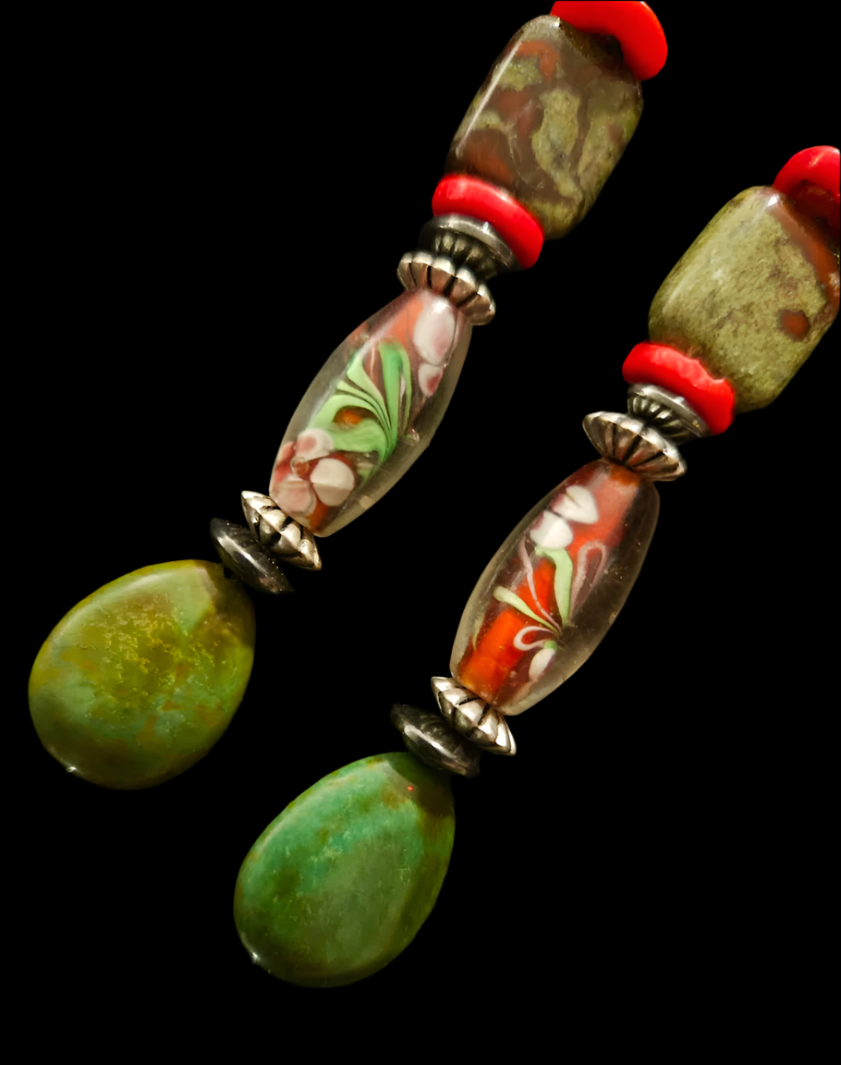 Olive and Red Mixed Media Shoulder Dusters Green Turquoise & Bloo