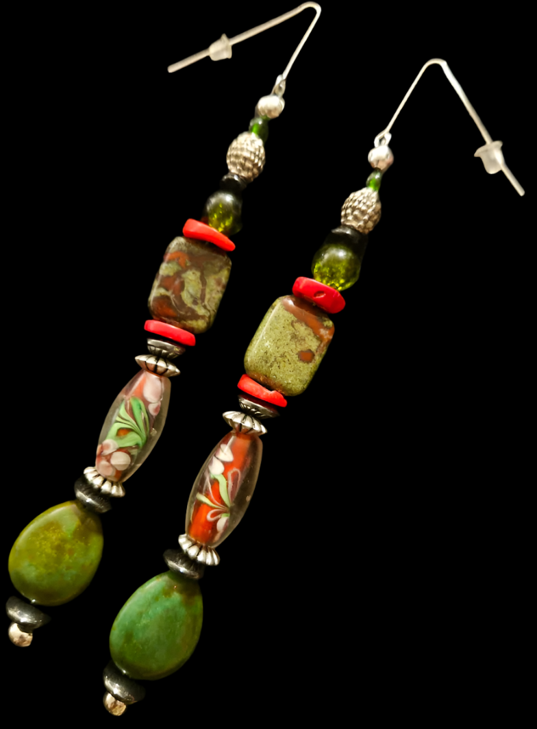 Olive and Red Mixed Media Shoulder Dusters Green Turquoise & Bloo