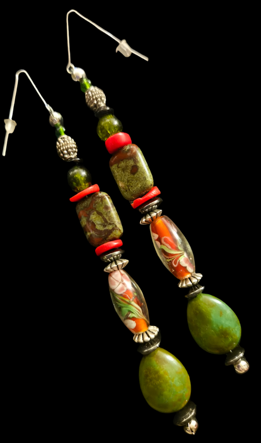 Olive and Red Mixed Media Shoulder Dusters Green Turquoise & Bloo
