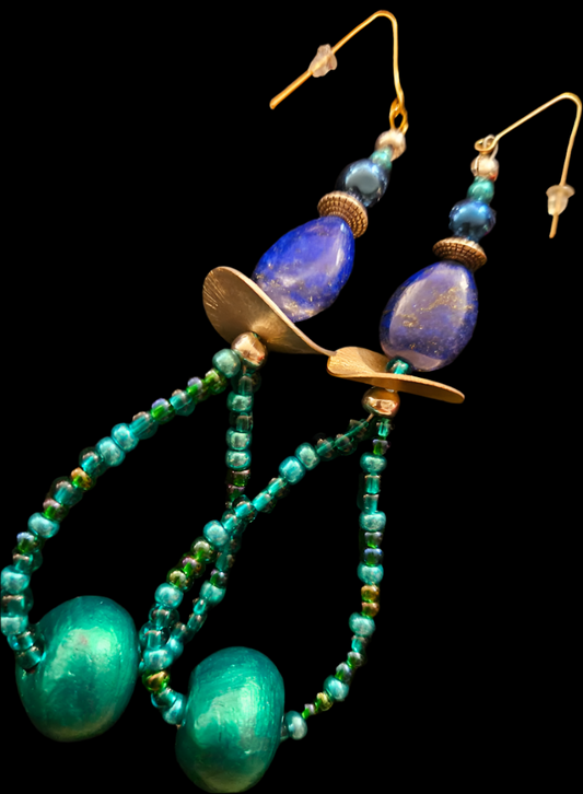 Lapis Lazuli & Emerald Green Beaded Hoop Pierced Statement Earrings