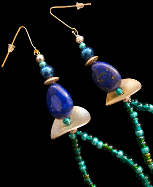 Lapis Lazuli & Emerald Green Beaded Hoop Pierced Statement Earrings
