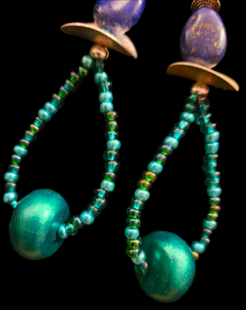 Lapis Lazuli & Emerald Green Beaded Hoop Pierced Statement Earrings