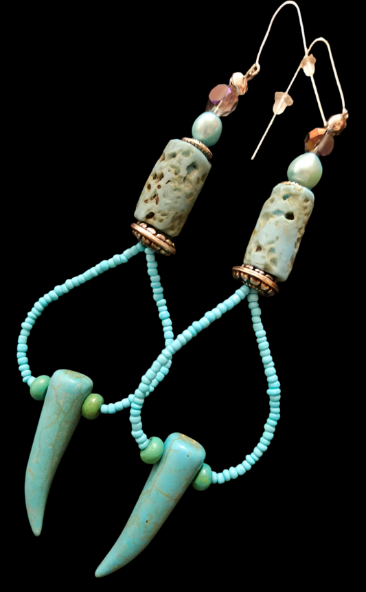 Light Blue Beaded Hoop Statement Earrings with Tusks Exotic Casual A