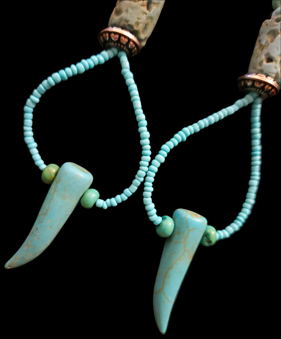 Light Blue Beaded Hoop Statement Earrings with Tusks Exotic Casual A