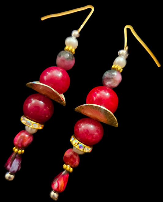 Ruby Agate & Freshwater Pearl Beaded Dangle Statement Earrings