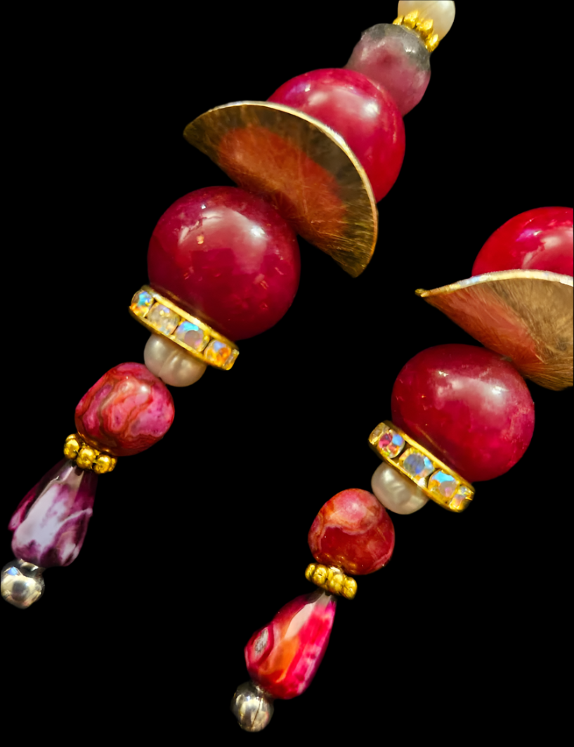 Ruby Agate & Freshwater Pearl Beaded Dangle Statement Earrings