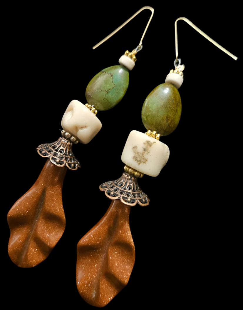 Goldstone Leaf Coral & Turquoise Shoulder Dusters Super Long Bead