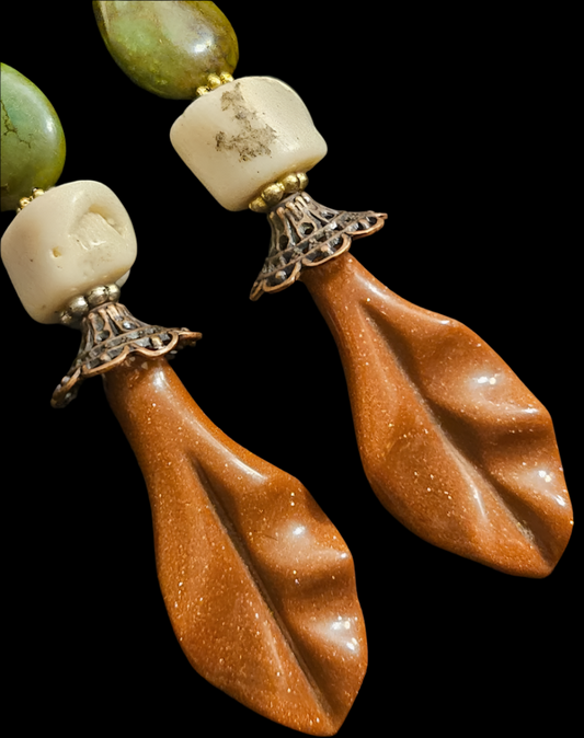Goldstone Leaf Coral & Turquoise Shoulder Dusters Super Long Bead