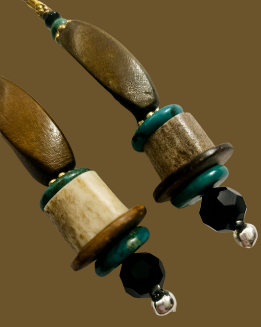 Wood, Antler & Gemstone Beaded Dangle Long Pierced Earrings - Earthy