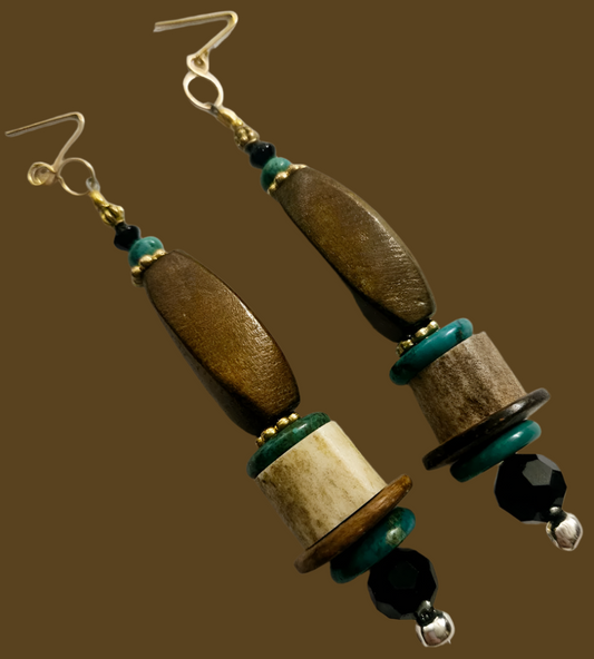 Wood Sculpted Antler & Gemstone Beaded Dangle Pierced Statement Earrin