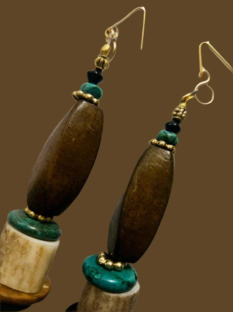 Wood, Antler & Gemstone Beaded Dangle Long Pierced Earrings - Earthy