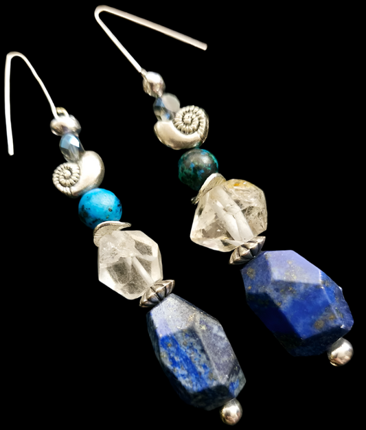 Lapis Lazuli & Double Terminated Quartz Pierced Statement Earrings B