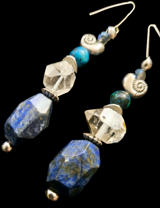 Lapis Lazuli & Double Terminated Quartz Pierced Statement Earrings B