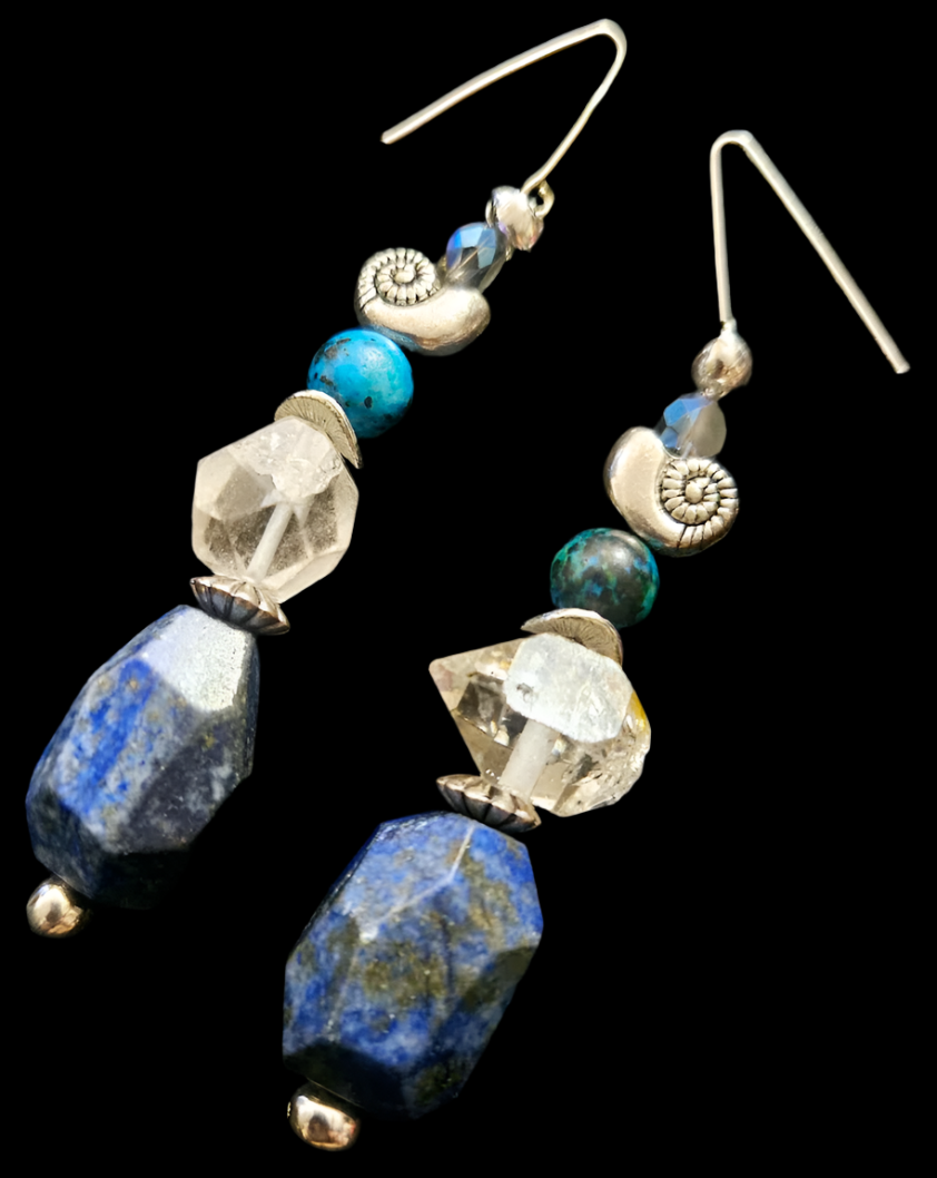 Lapis Lazuli & Double Terminated Quartz Pierced Statement Earrings B
