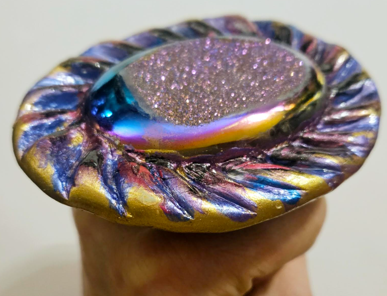 Titanium Druzy Sculpted Oversized Hand Ring Jewel Tone Purple Blu