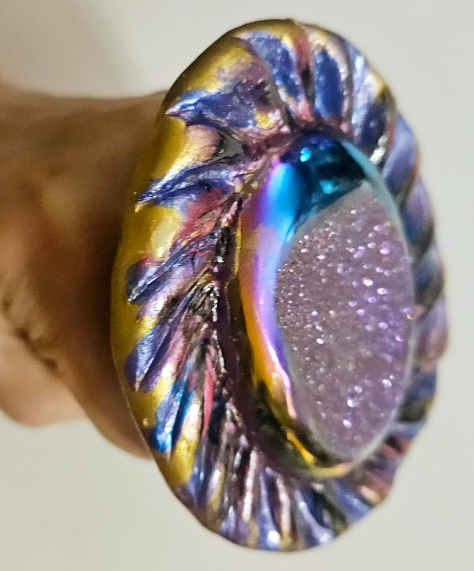 Titanium Druzy Sculpted Oversized Hand Ring Jewel Tone Purple Blu