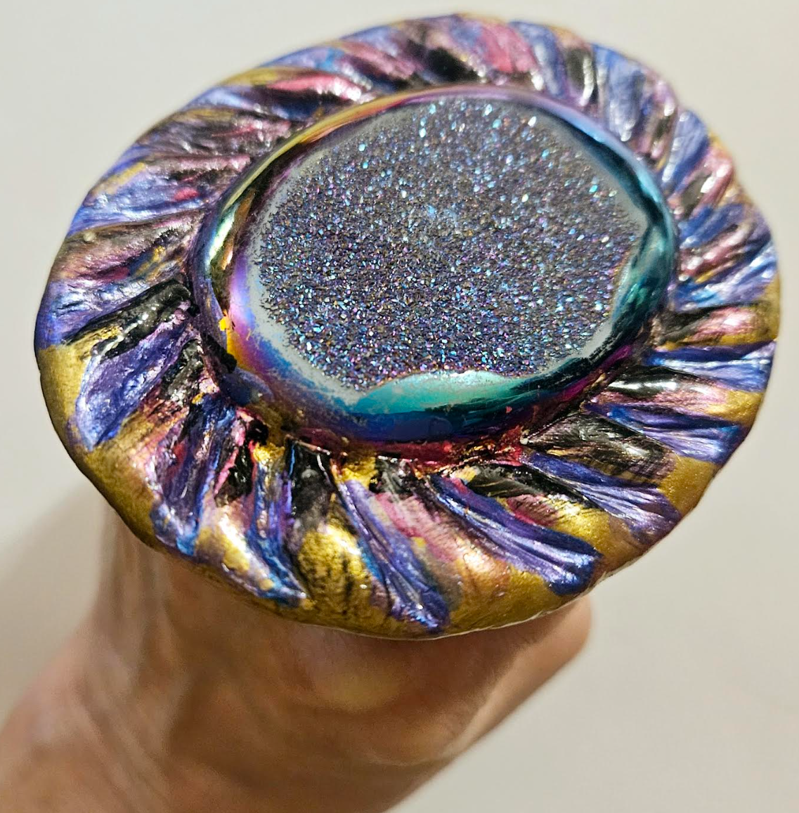 Titanium Druzy Sculpted Oversized Hand Ring Jewel Tone Purple Blu