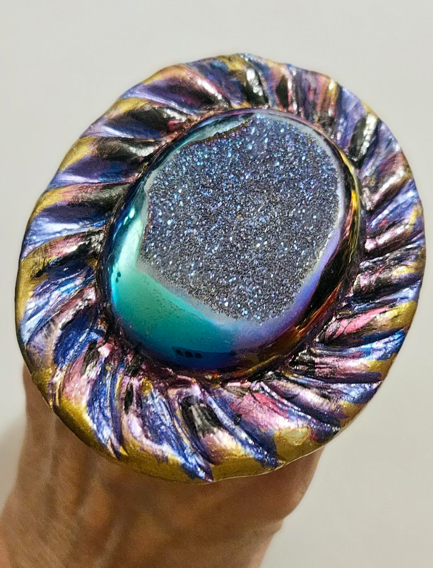 Titanium Druzy Sculpted Oversized Hand Ring Jewel Tone Purple Blu