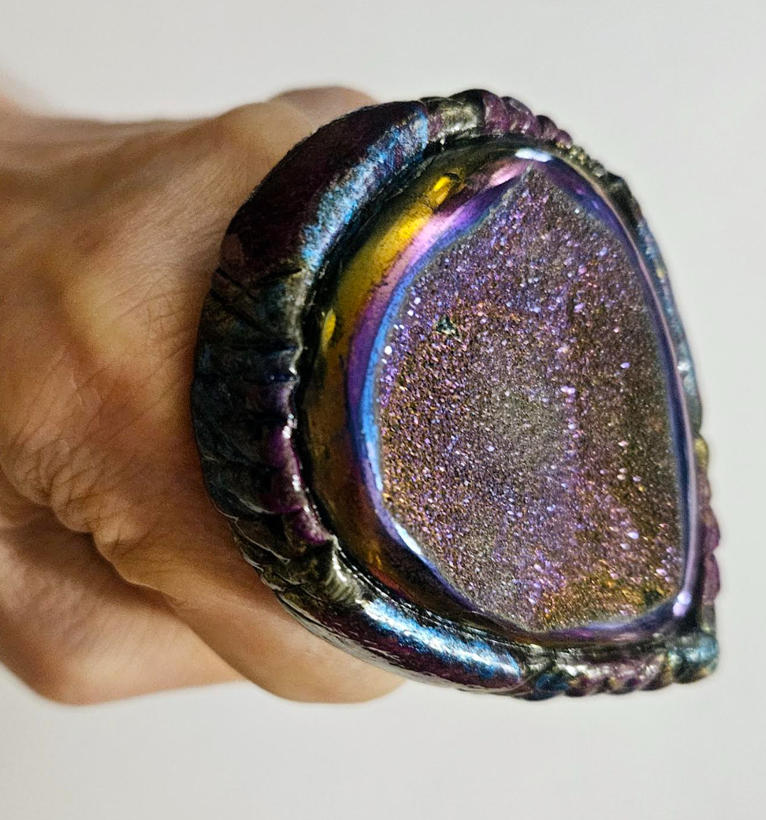 Heavily Crystallized Titanium Quartz Sculpted Statement Ring Flas