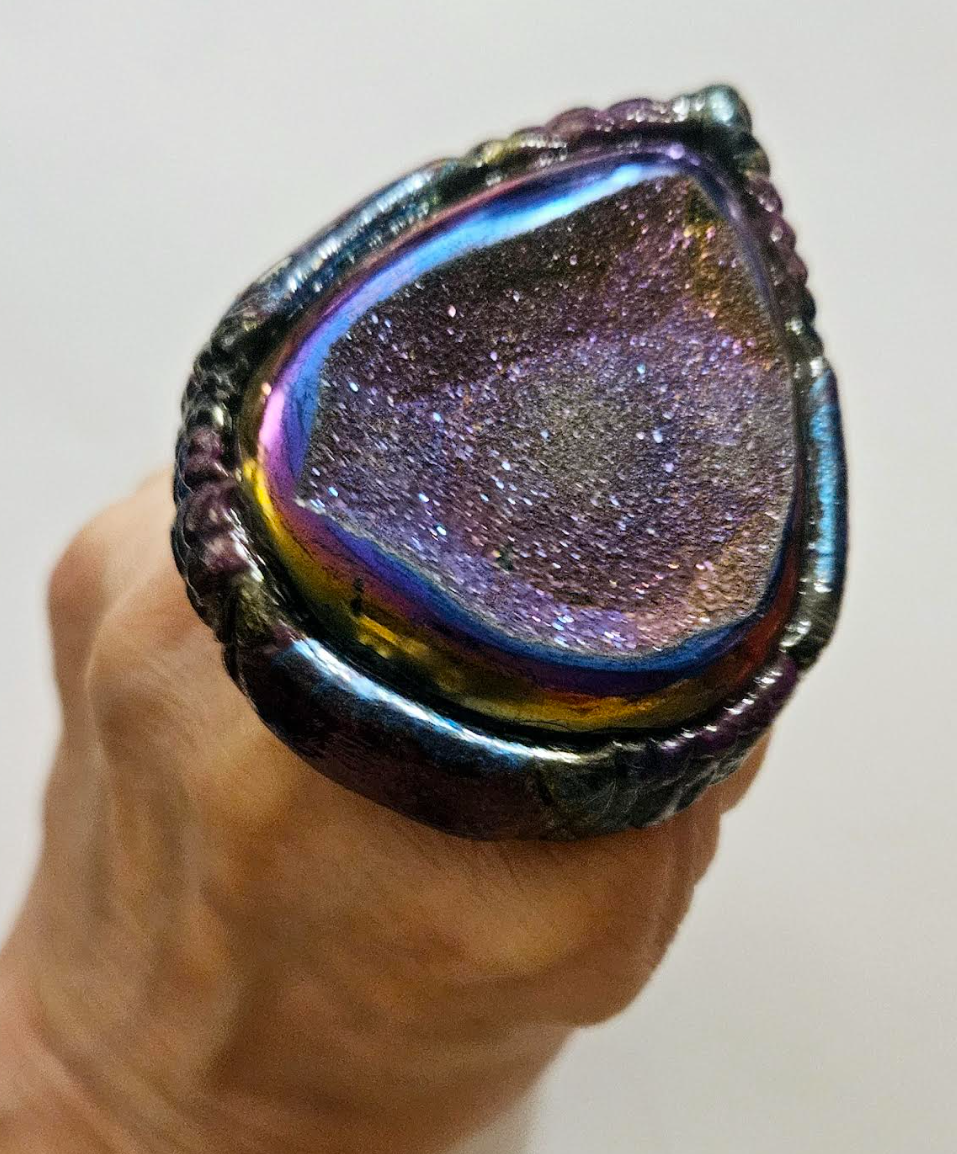 Heavily Crystallized Titanium Quartz Sculpted Statement Ring Flas