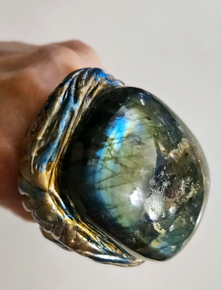 Labradorite Sculpted Two Finger Statement Ring Unisex Spectrolit
