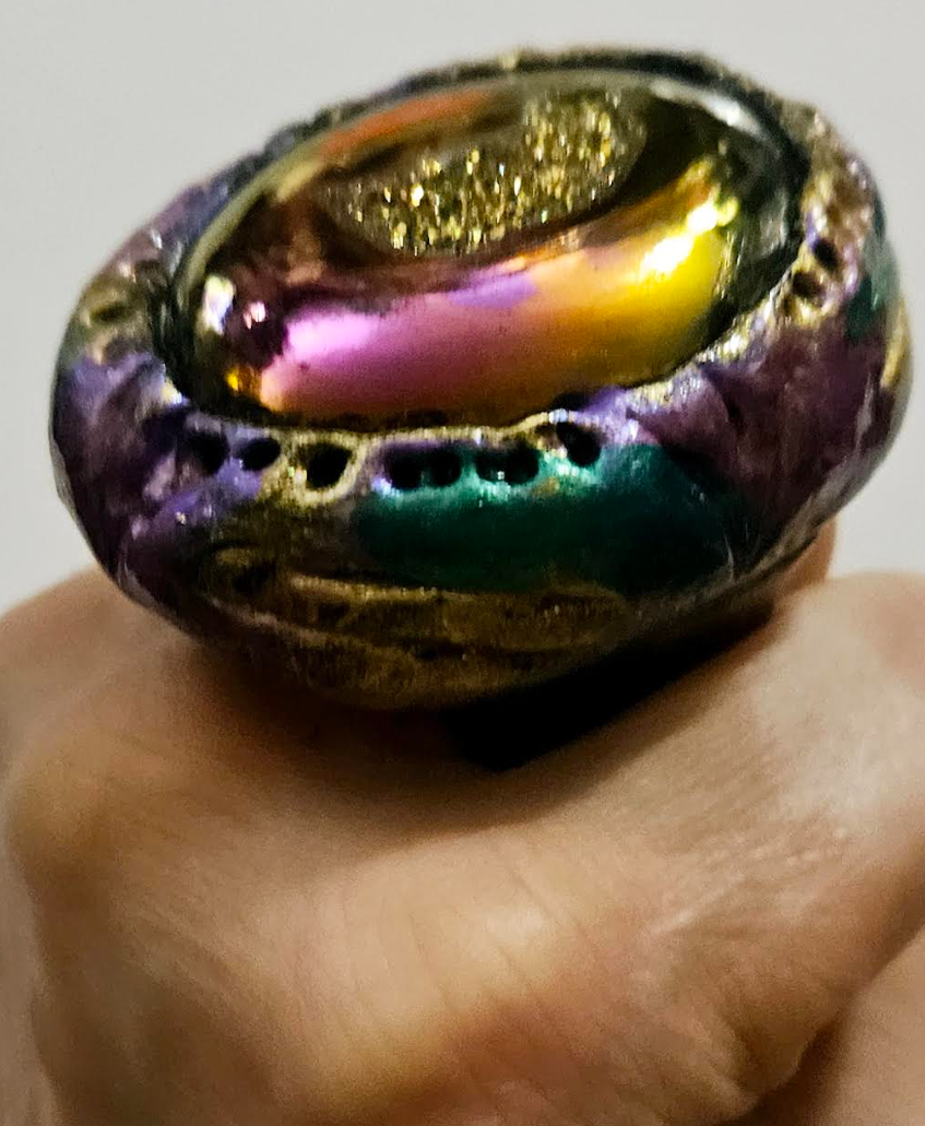 Flashy Crystal Sculpted Statement Ring OOAK Gold Copper Purple Ge