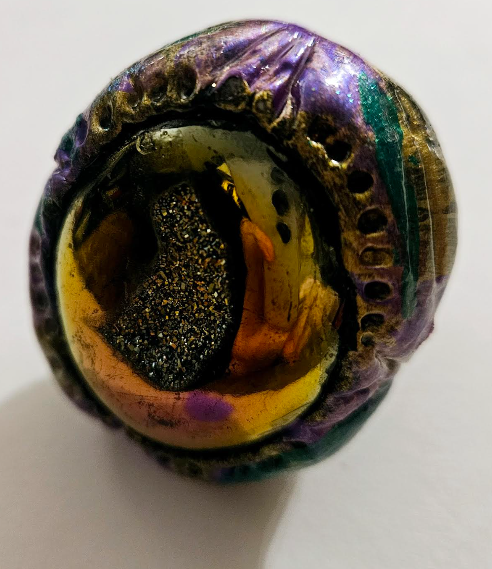 Flashy Crystal Sculpted Statement Ring OOAK Gold Copper Purple Ge