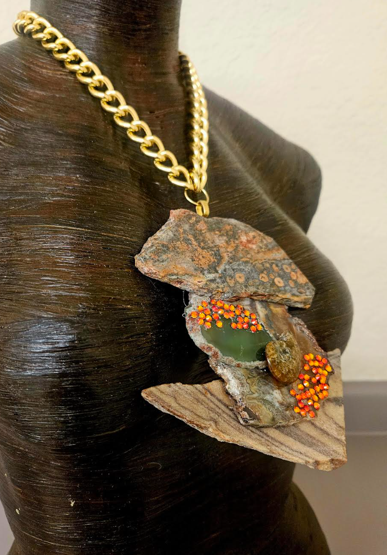 Earthy Jasper Slab & Swarovski Crystal Statement Gemstone Pendant Av