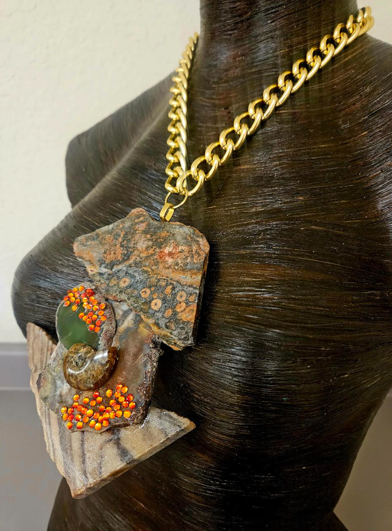 Earthy Jasper Slab & Swarovski Crystal Statement Gemstone Pendant Av