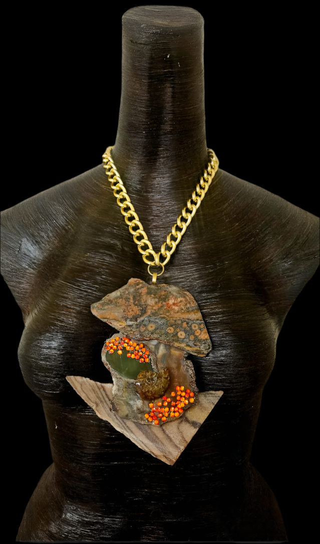 Earthy Jasper Slab & Swarovski Crystal Statement Gemstone Pendant Av