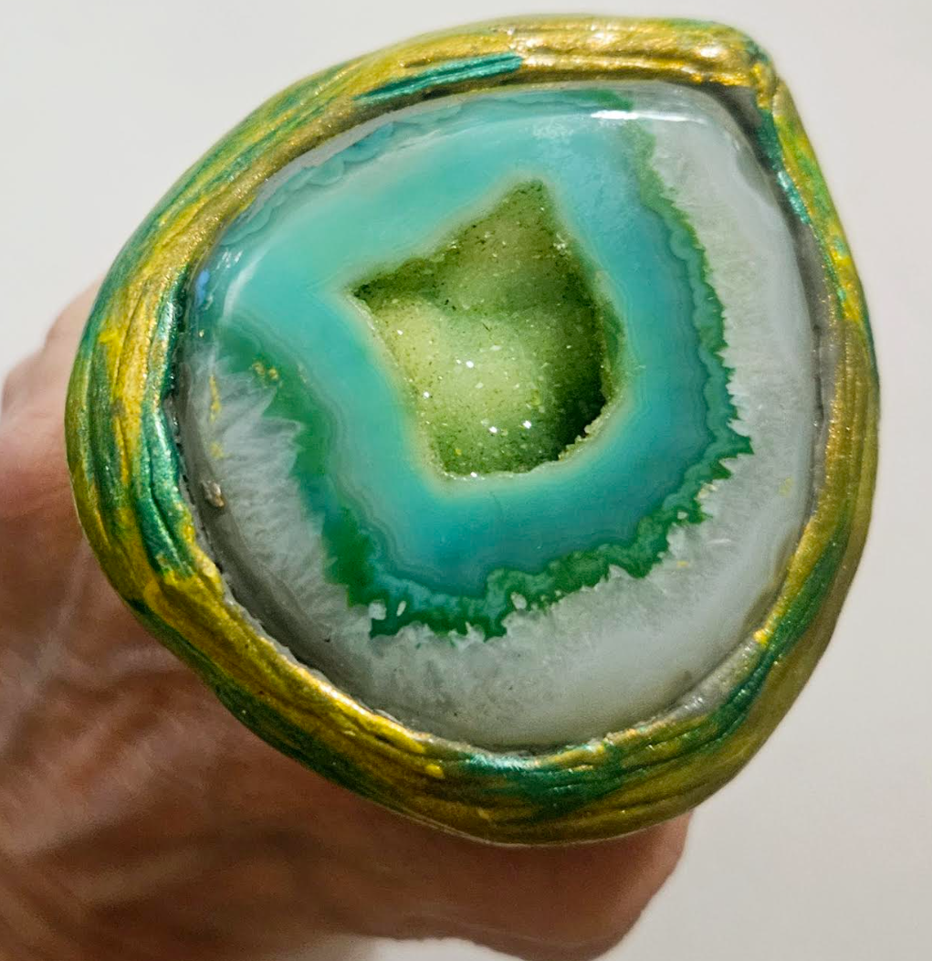 Green Druzy Agate Sculpted Two Finger Statement Ring Exotic Gemst