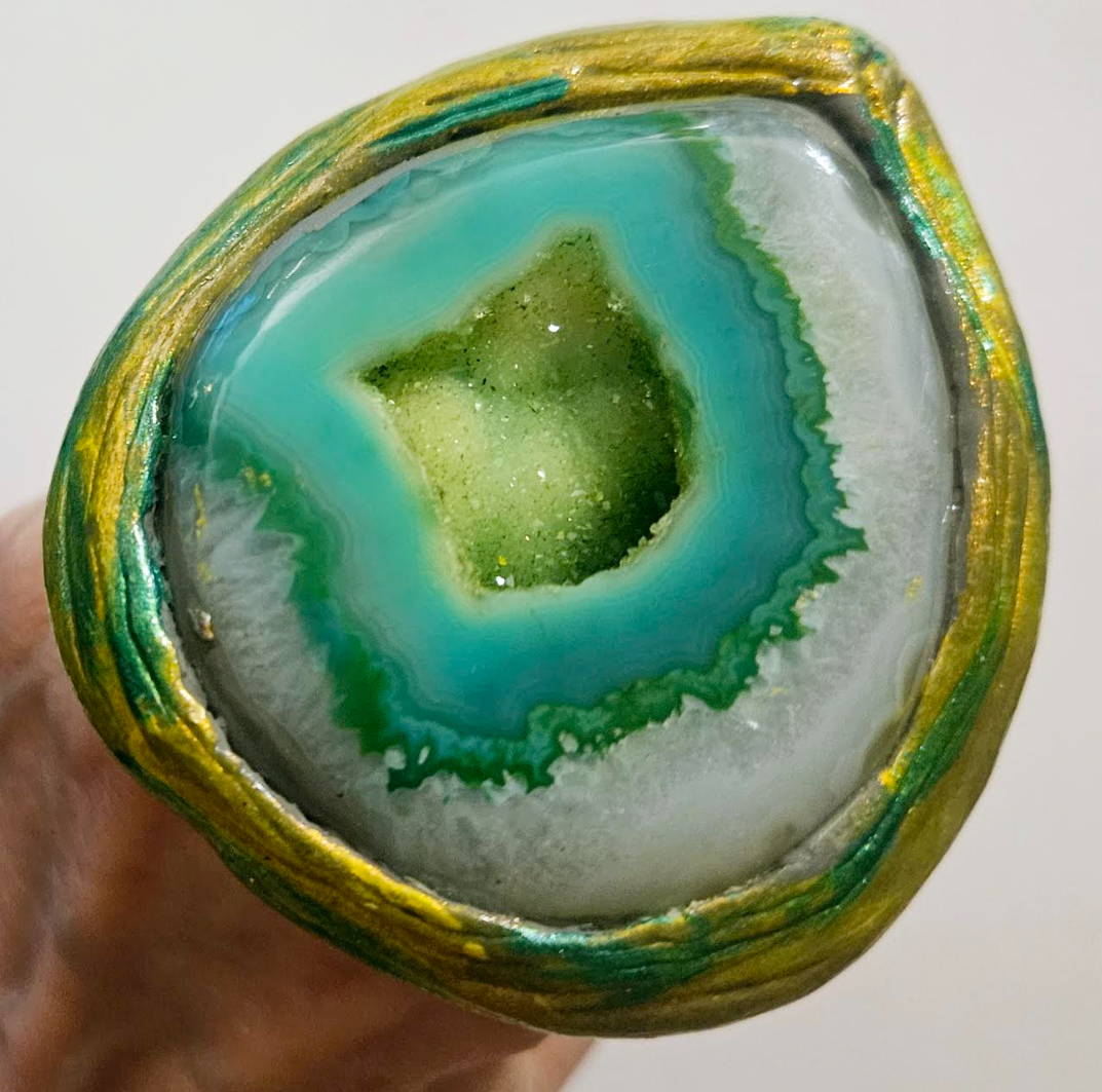 Green Druzy Agate Sculpted Two Finger Statement Ring Exotic Gemst