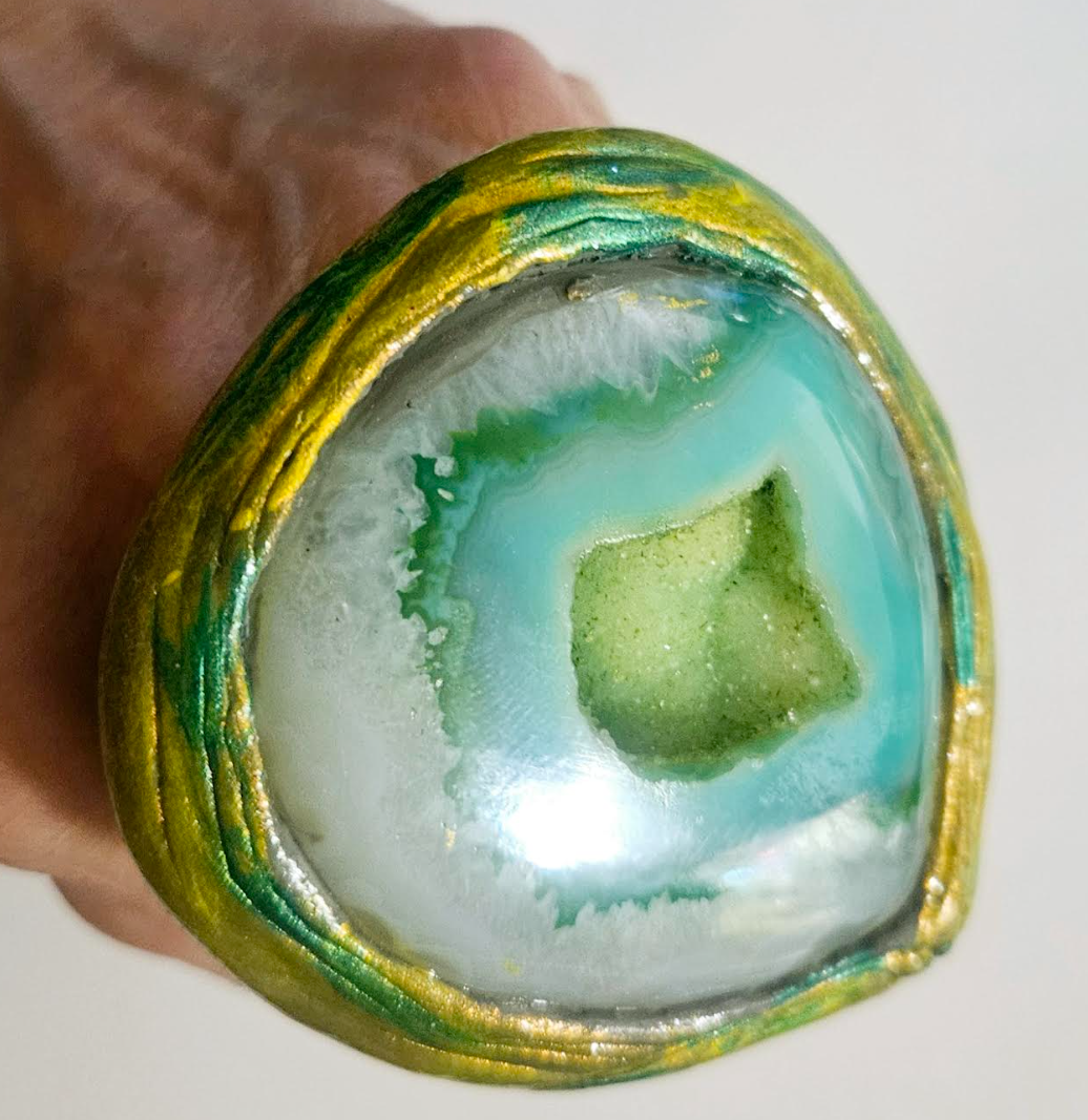 Green Druzy Agate Sculpted Two Finger Statement Ring Exotic Gemst