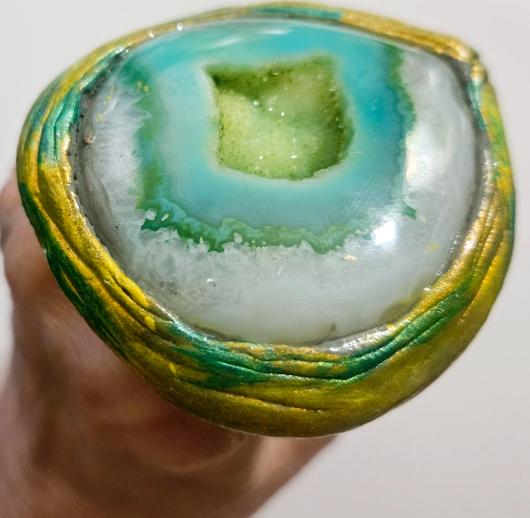Green Druzy Agate Sculpted Two Finger Statement Ring Exotic Gemst