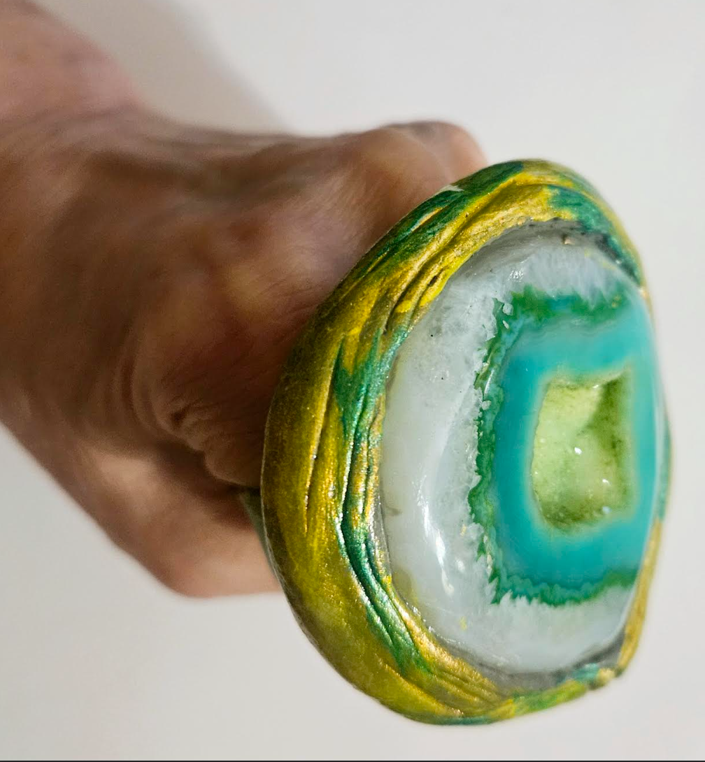 Green Druzy Agate Sculpted Two Finger Statement Ring Exotic Gemst