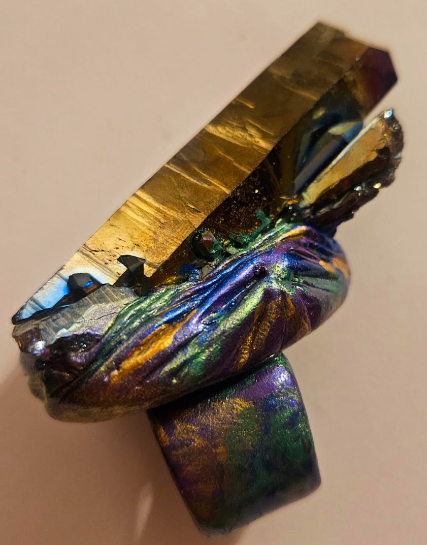 Rough Titanium Quartz Sculpted Statement Ring - Jewel Tones