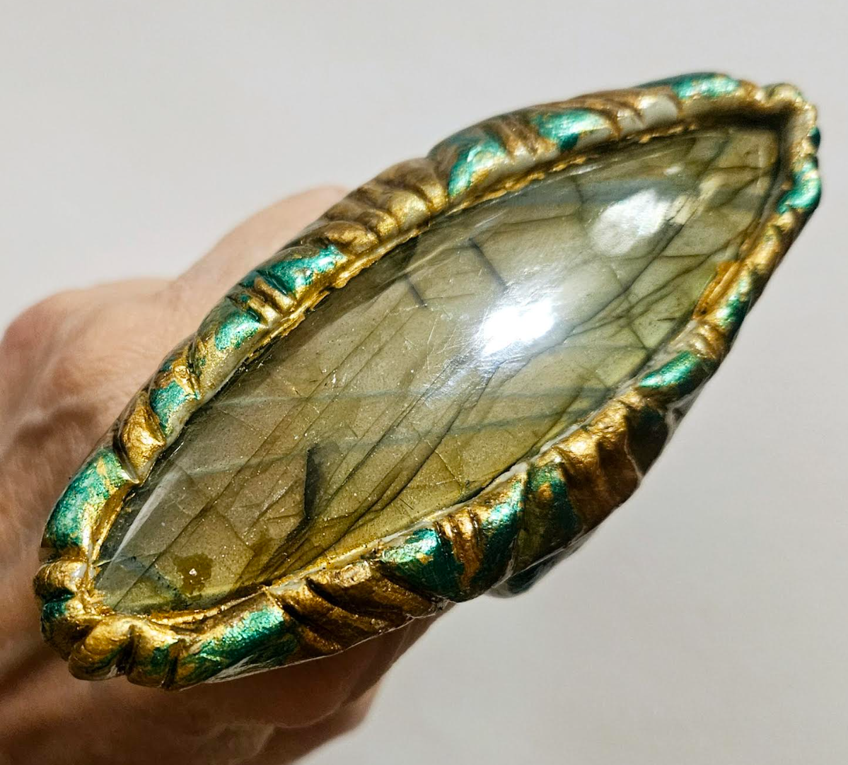 Golden Labradorite Sculpted Eliptical Shaped Statement Ring Flash