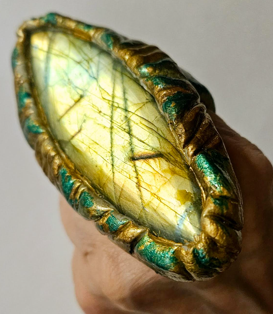 Golden Labradorite Sculpted Eliptical Shaped Statement Ring Flash