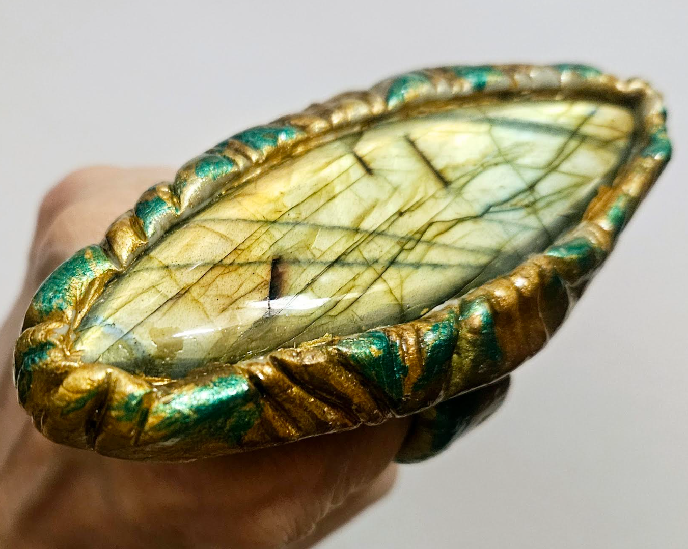 Golden Labradorite Sculpted Eliptical Shaped Statement Ring Flash