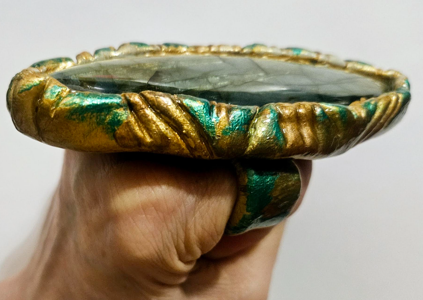 Flashy Golden Labradorite Sculpted Eliptical Shaped Statement Ring