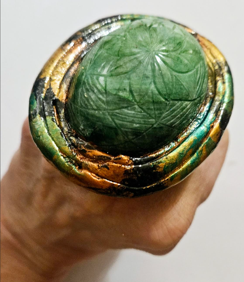 Etched Emerald Dome Sculpted Two Finger Statement Ring Green Gems