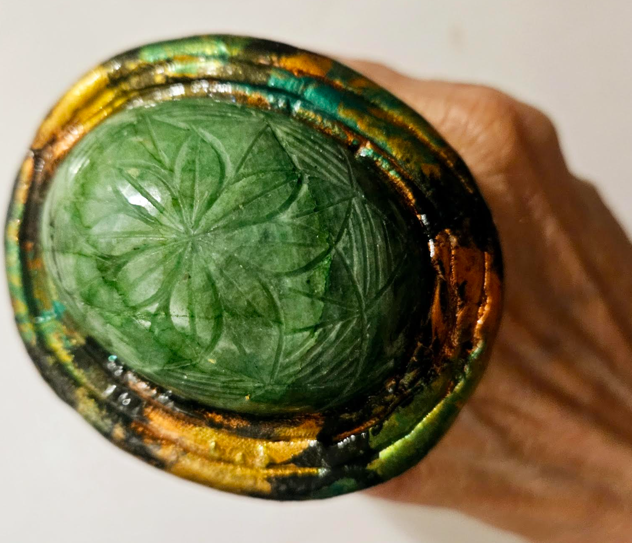 Etched Emerald Dome Sculpted Two Finger Statement Ring Green Gems