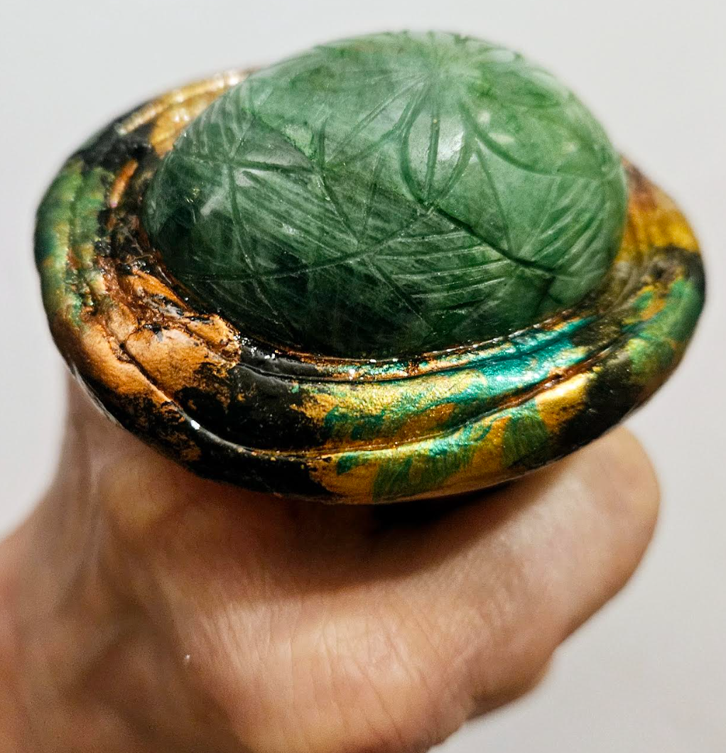 Etched Emerald Dome Sculpted Two Finger Statement Ring Green Gems