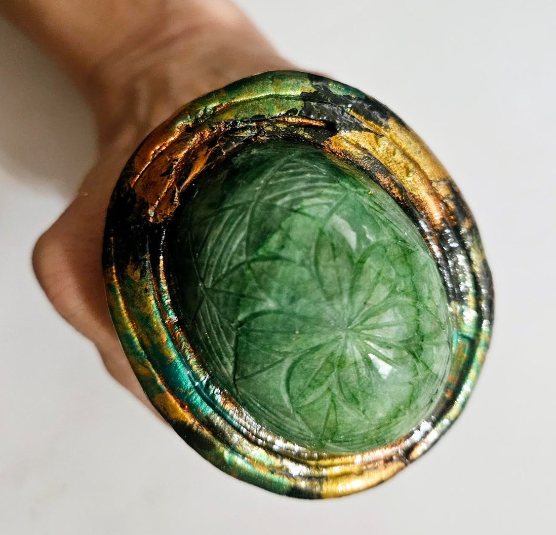Etched Emerald Dome Sculpted Two Finger Statement Ring Green Gems