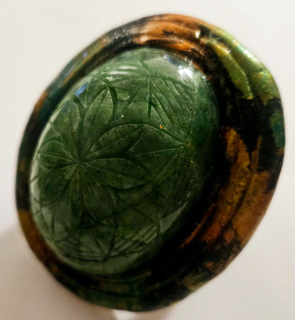 Etched Emerald Dome Sculpted Two Finger Statement Ring Green Gems