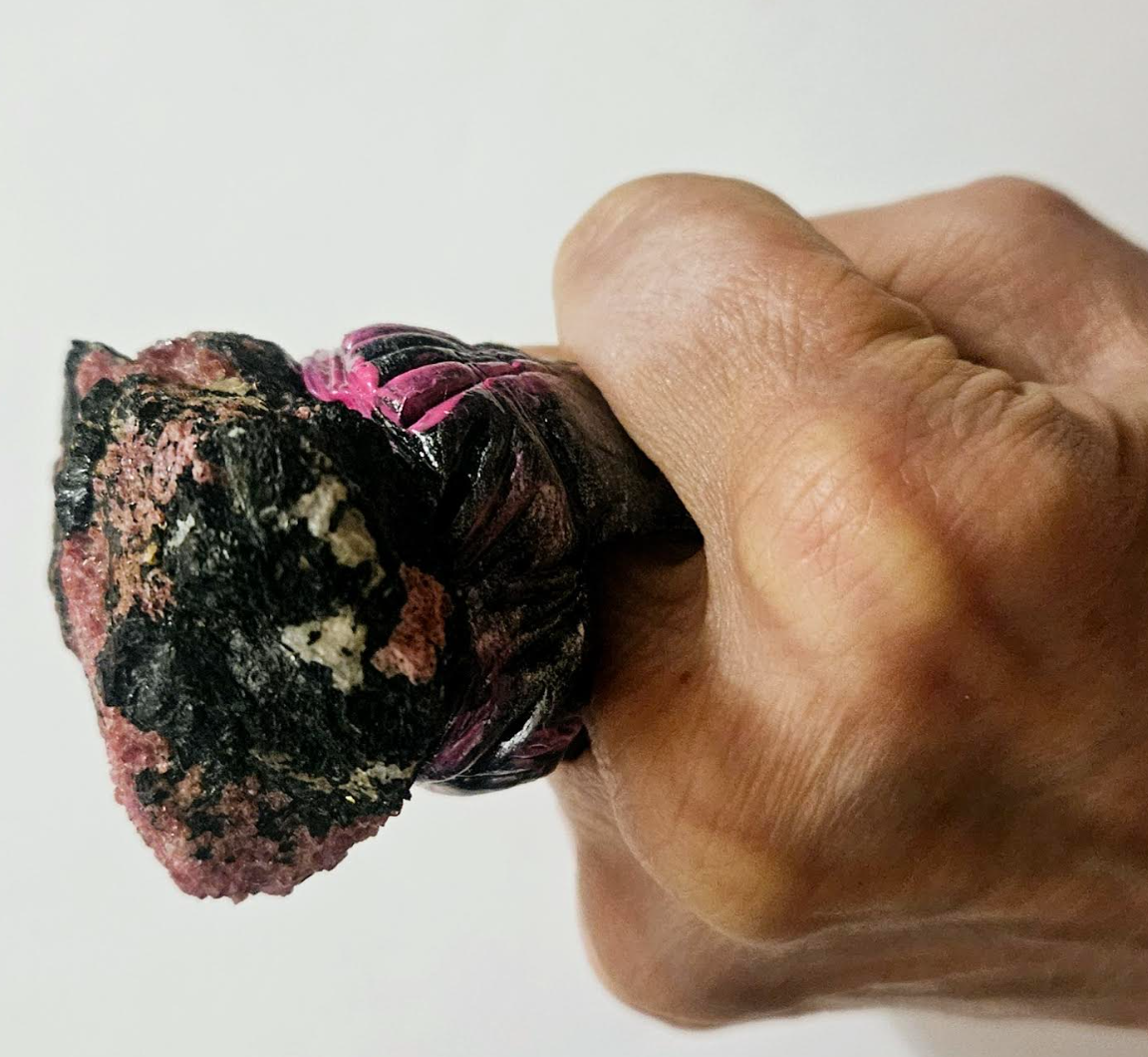 Rough Rhodochrosite Sculpted Statement Ring - Pink & Black Crystal